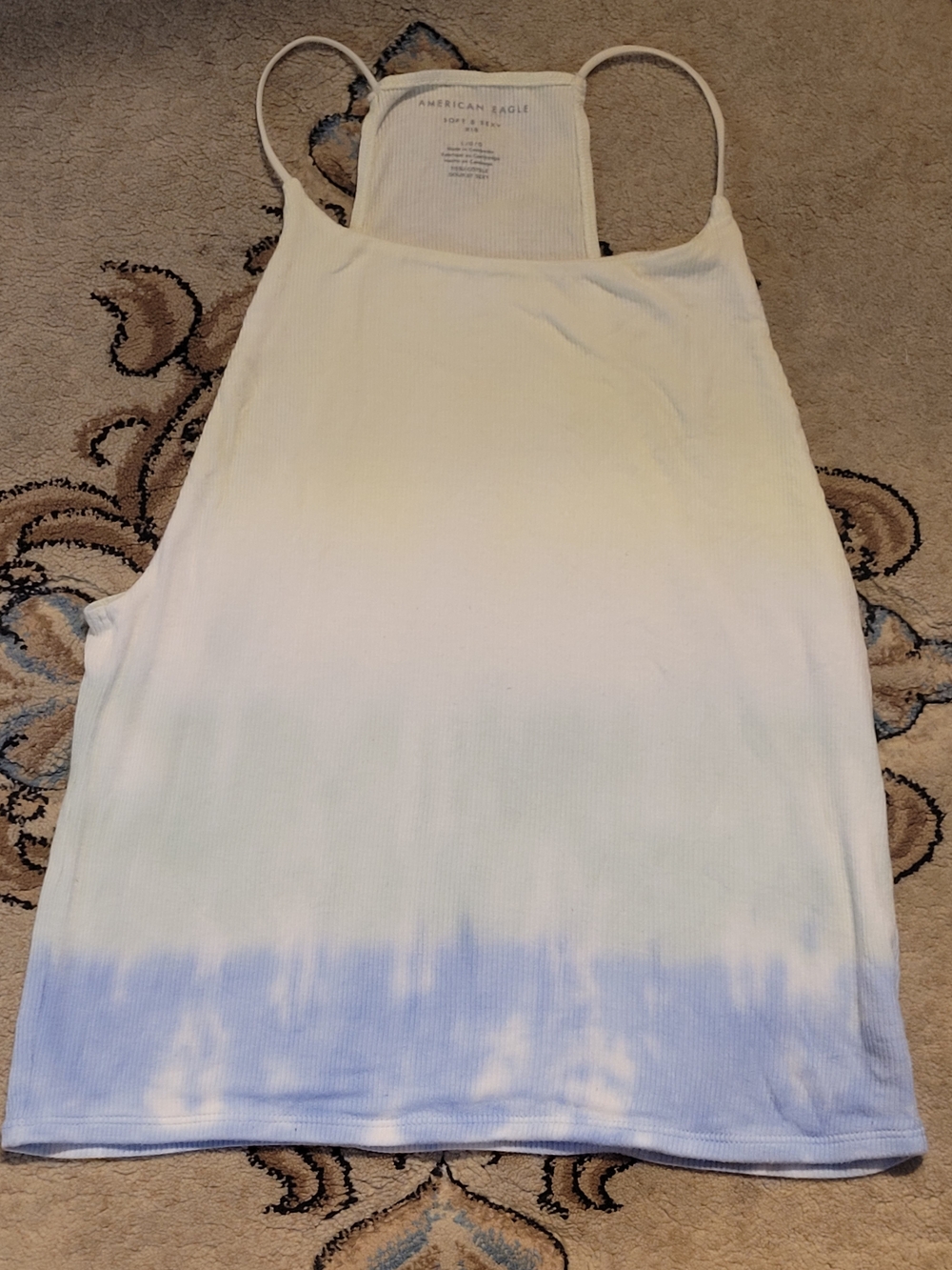 American Eagle Outfitters White and Light Blue Tie-Dye Ribbed Tank Top
